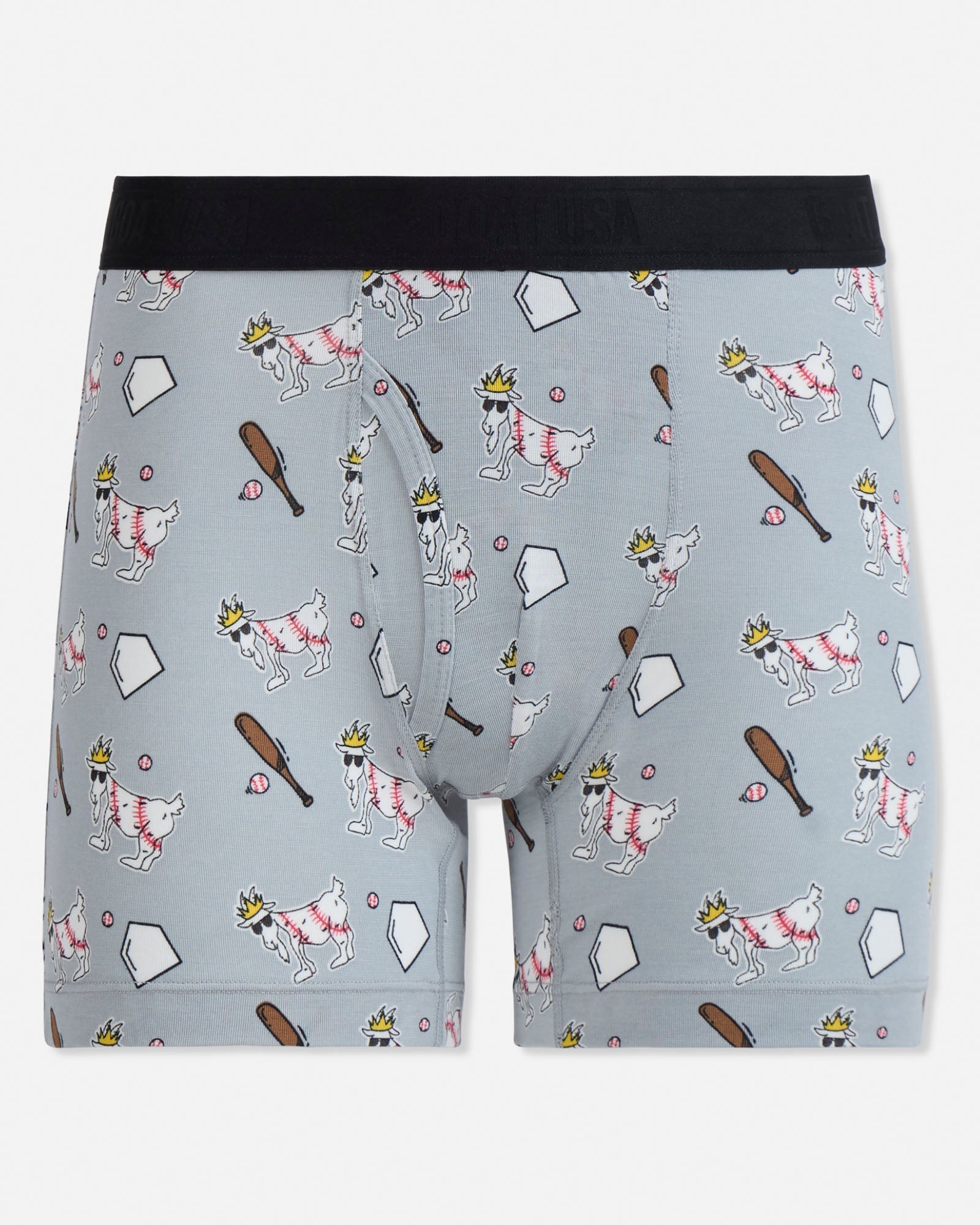Boxer briefs with a baseball goat pattern on a light gray background