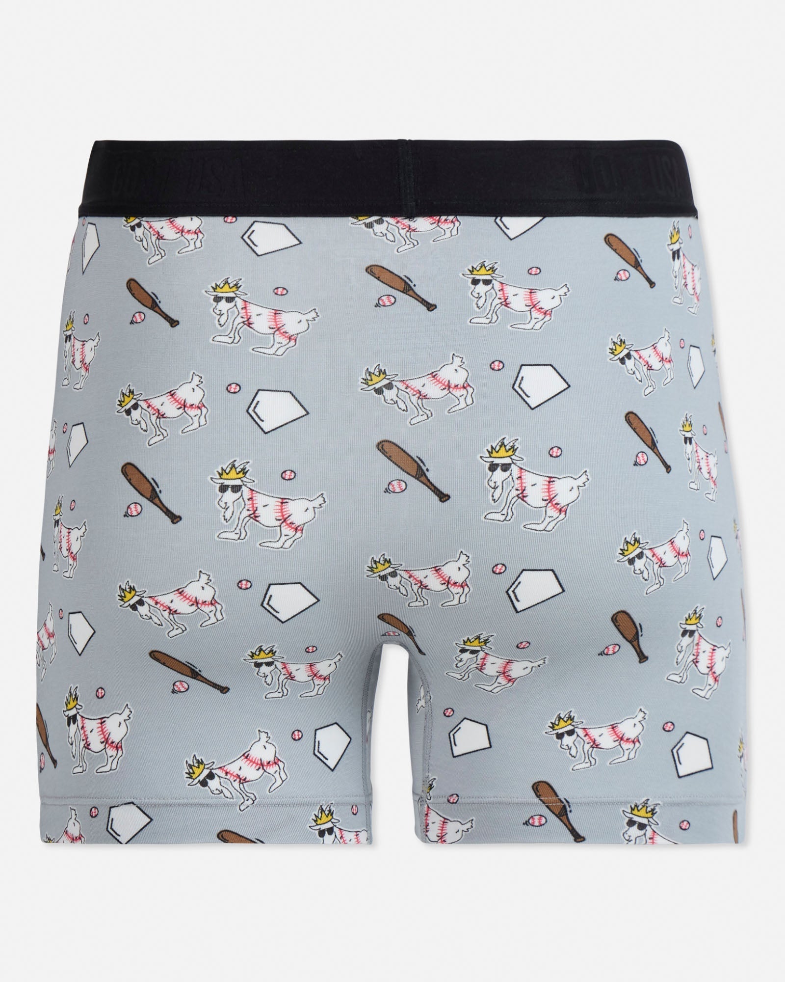 Boxer briefs with a baseball goat pattern on a light gray background