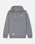 Front of gray hoodie with baseball goat left-chest logo