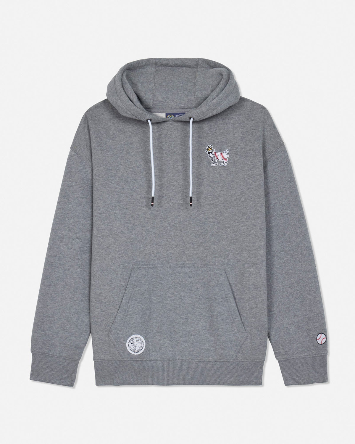 Front of gray hoodie with baseball goat left-chest logo