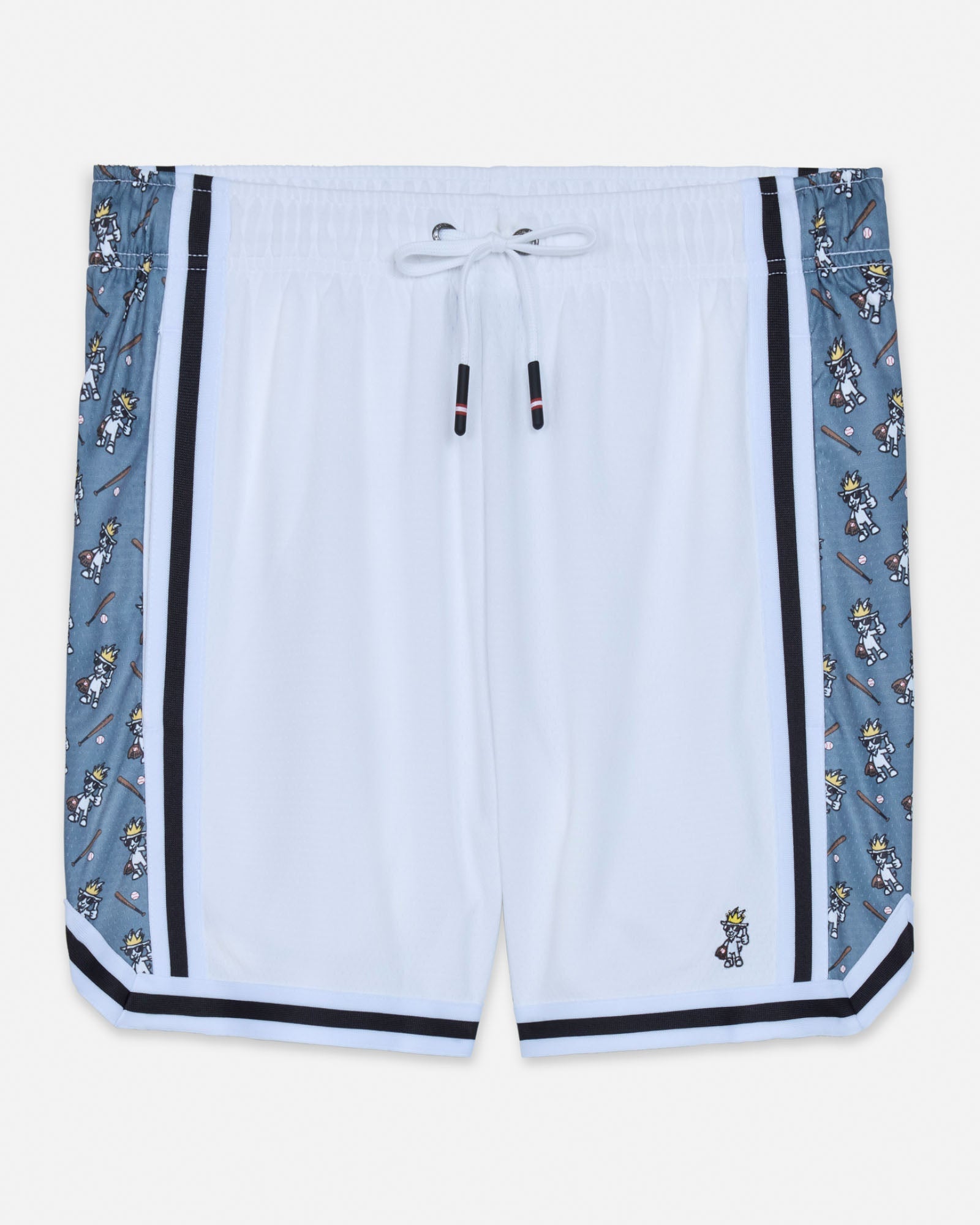 White mesh shorts with a baseball goat design