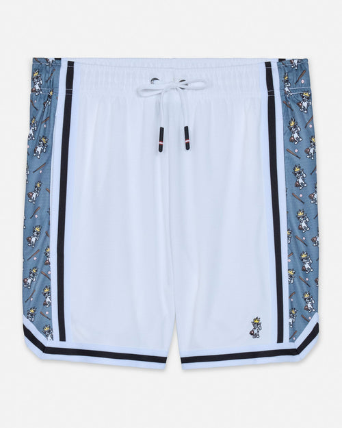 White mesh shorts with a baseball goat design