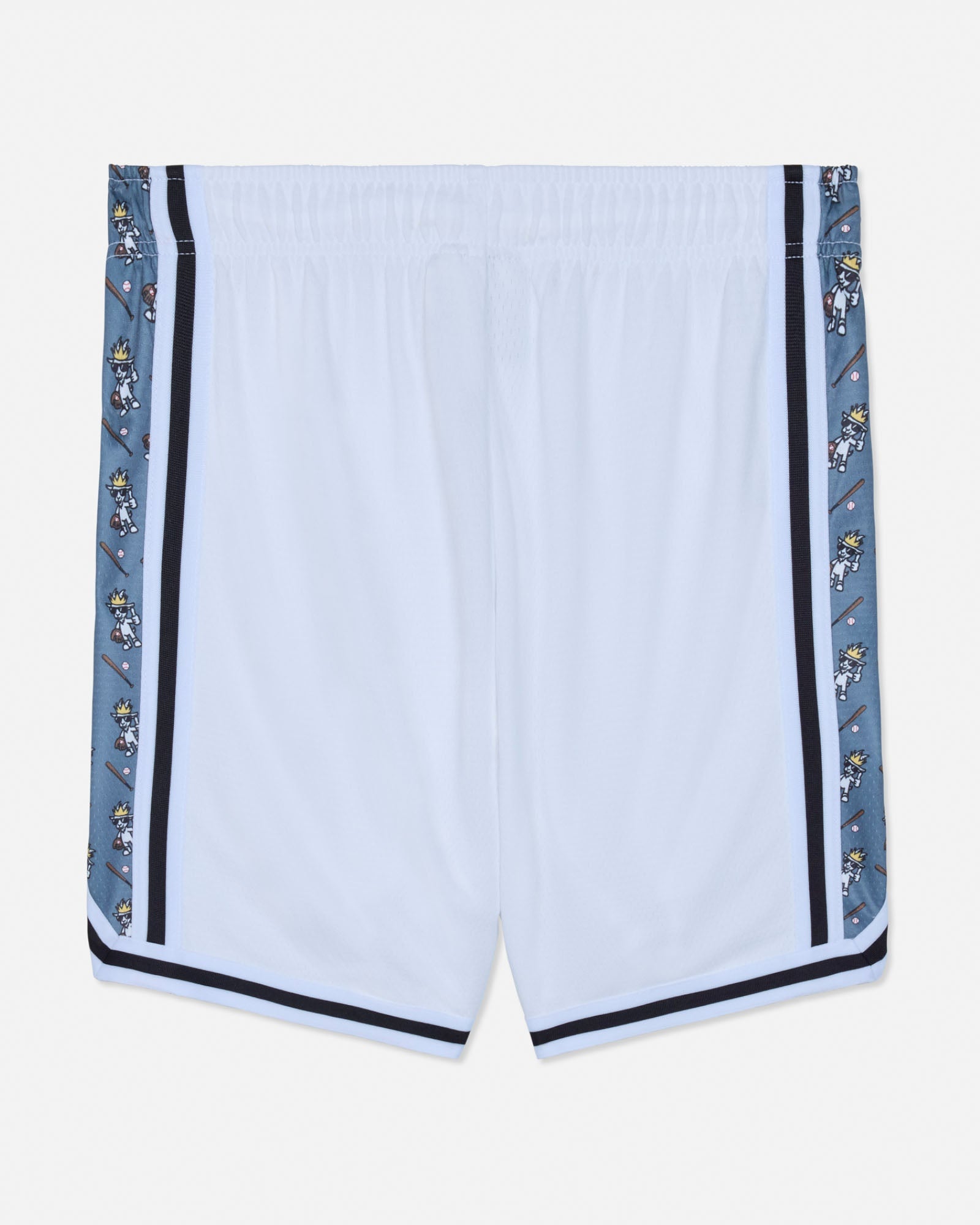 Back of white mesh shorts with baseball goat design