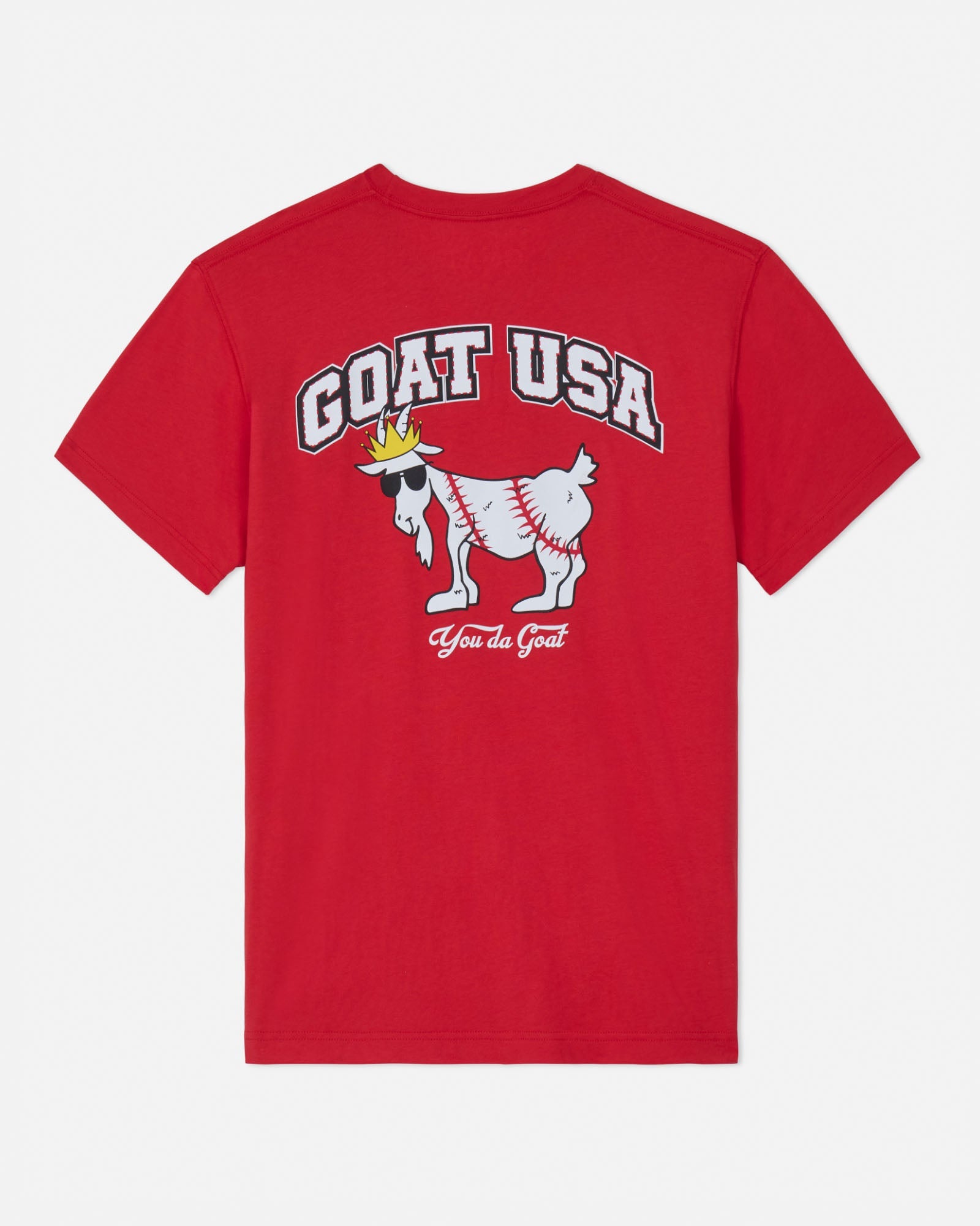 Red t-shirt with 'GOAT USA' graphic on a white background