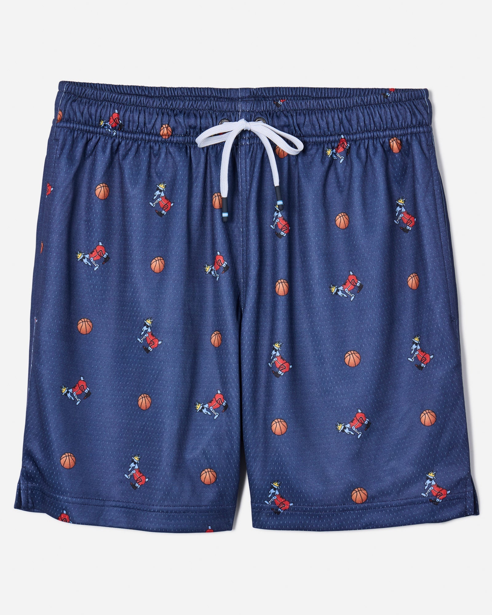 Front of navy mesh shorts with basketball goat print