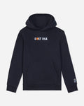 A black pullover hoodie with 'GOAT USA' printed across the chest in white and orange, and a small Goats Head logo on the left sleeve cuff, shown against a light gray background.