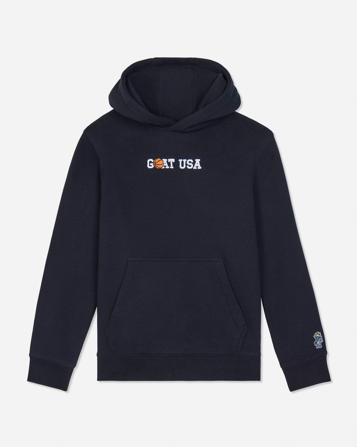 A black pullover hoodie with 'GOAT USA' printed across the chest in white and orange, and a small Goats Head logo on the left sleeve cuff, shown against a light gray background.