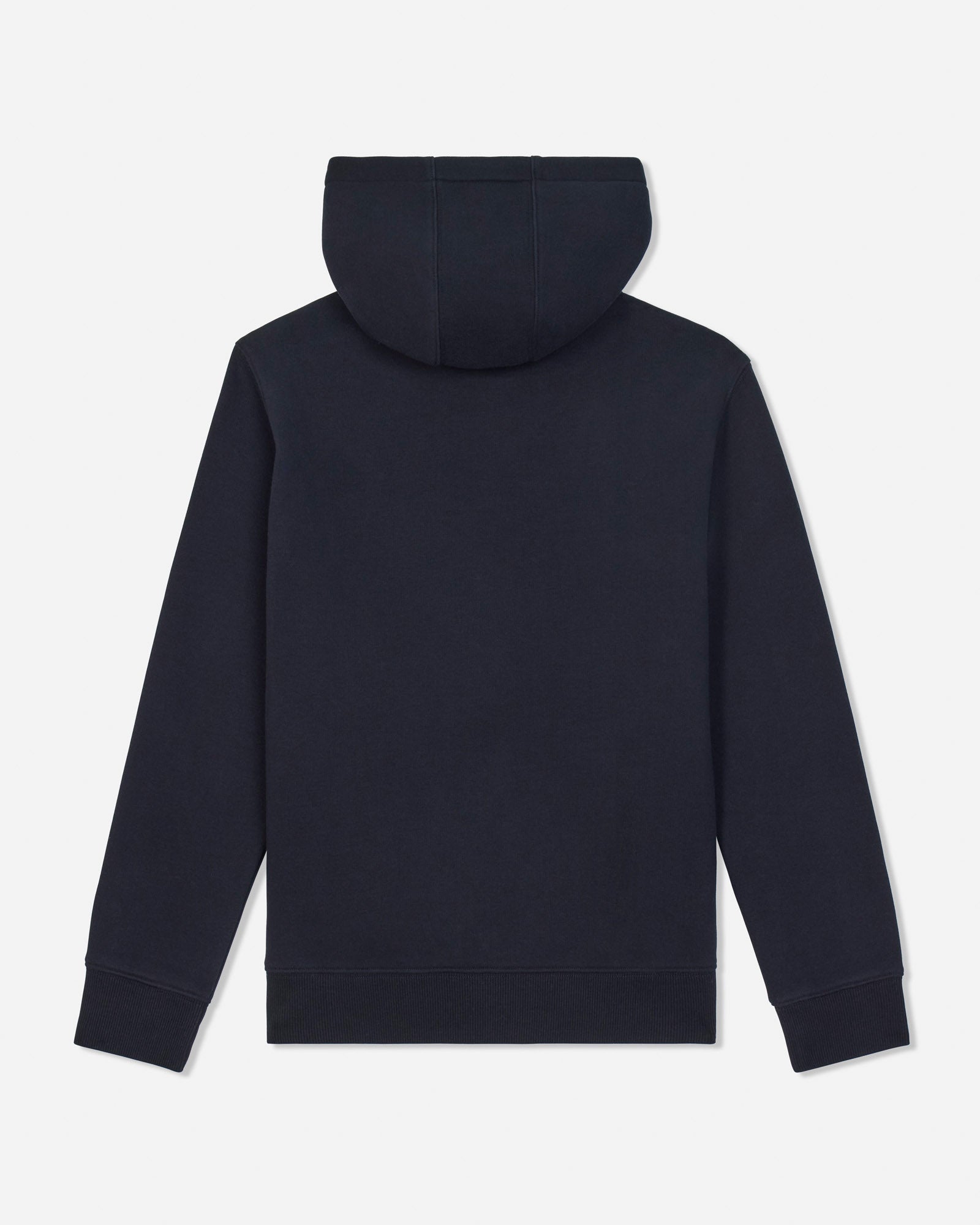A black hooded sweatshirt shown from the back, featuring a solid color design with ribbed cuffs and hem, set against a light gray background.