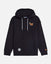 Front of black hoodie with basketball goat left-chest logo