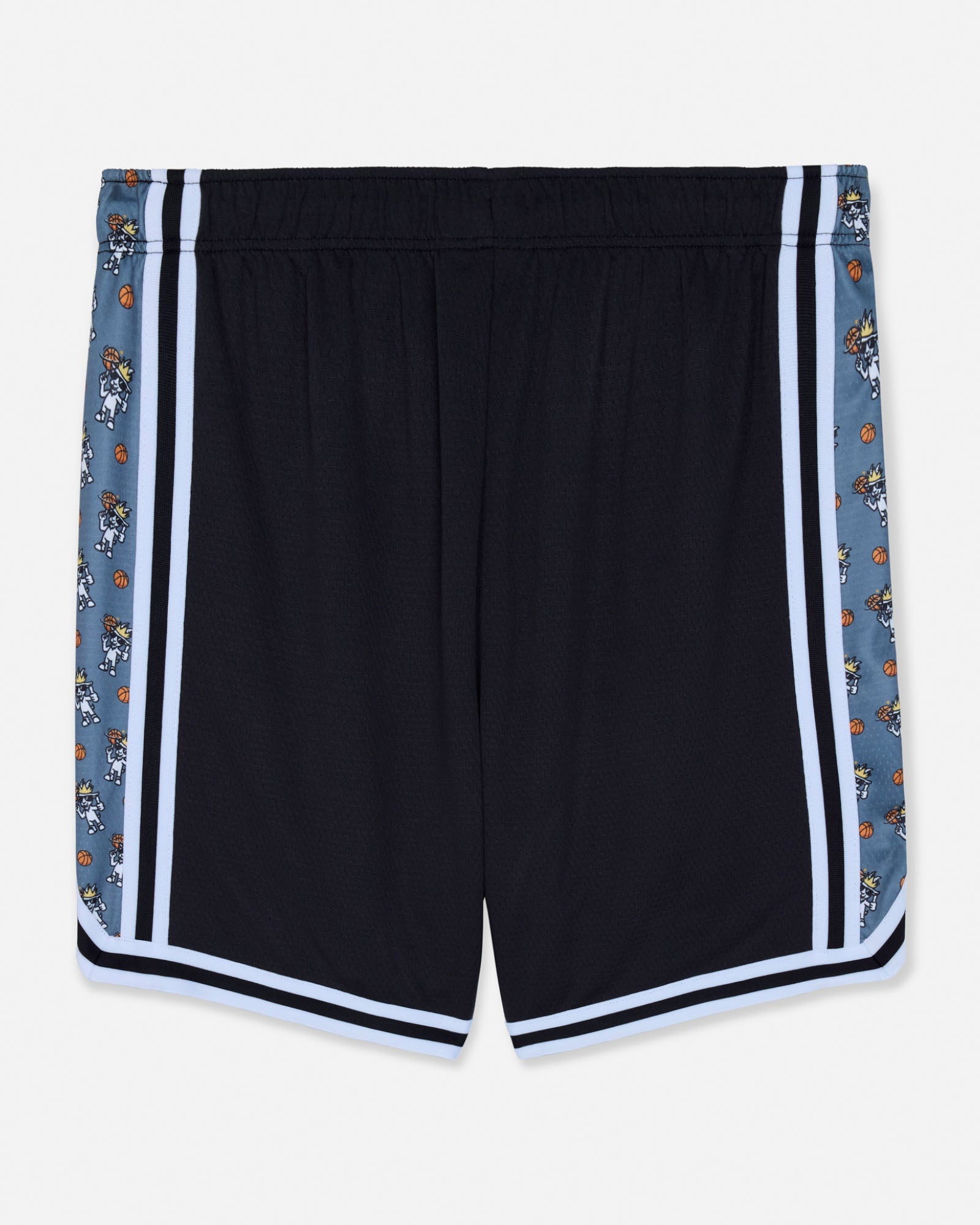 Black shorts with basketball goat trim on a white background