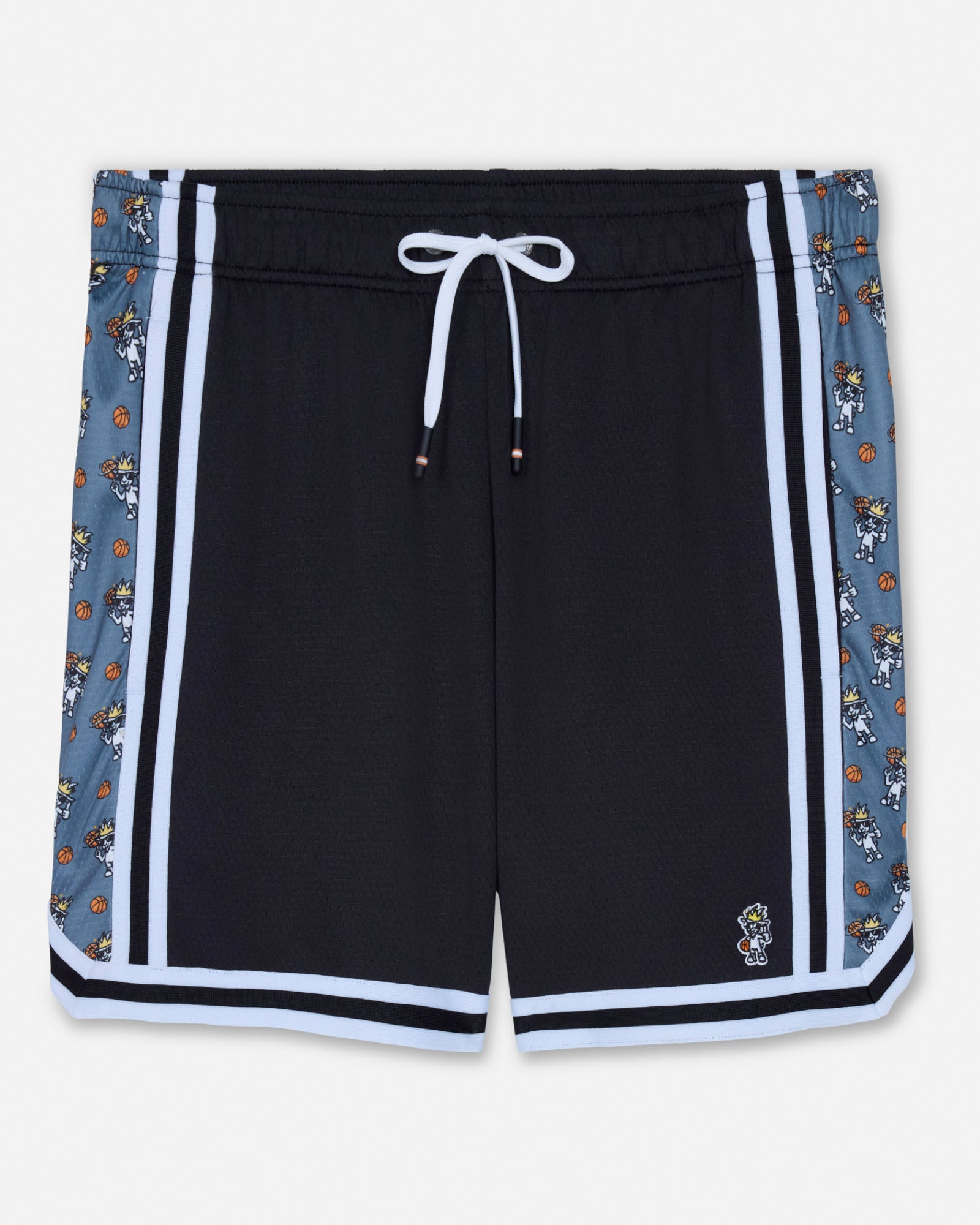 Black shorts with basketball goat trim on a white background
