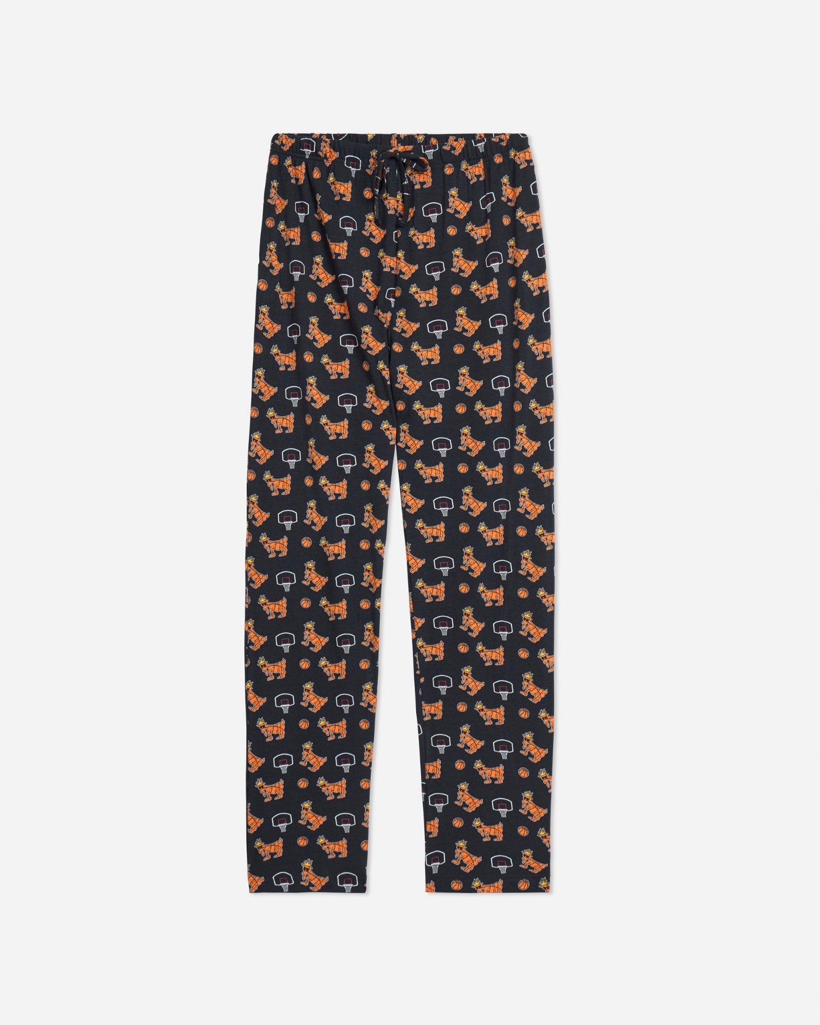 Front of black basketball-themed pajama pants