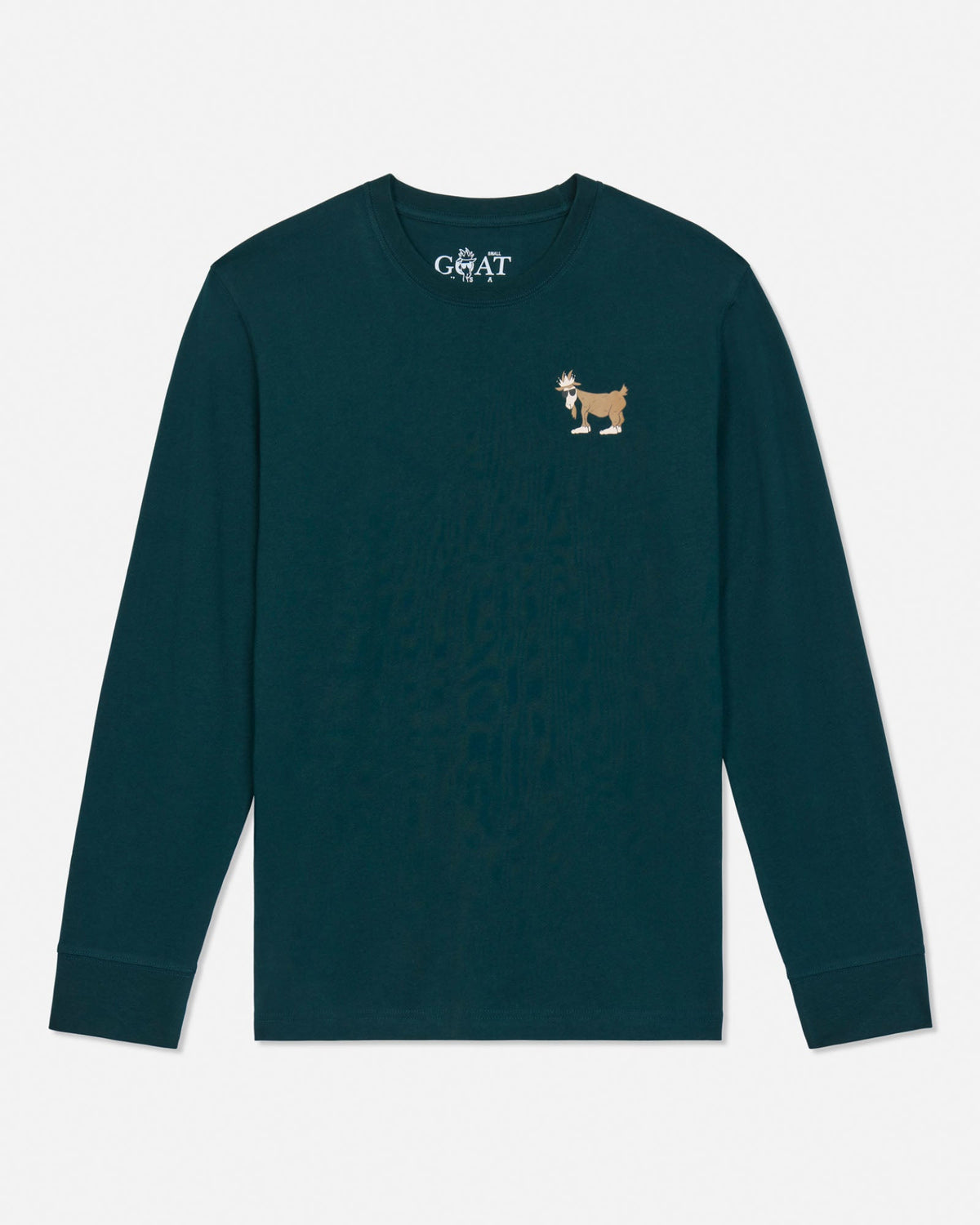 A dark teal long-sleeve crewneck sweatshirt by GOAT, featuring a small embroidered goat logo on the left chest and a white GOAT brand print inside the collar, displayed on a clean white background.