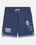 Navy blue shorts with white graphics and text on a light gray background#color_navy