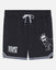 Black shorts with white graphics and text on a light gray background#color_black