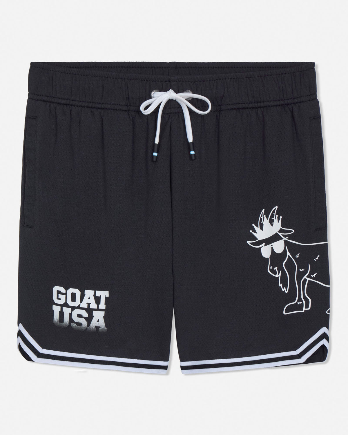 Black shorts with white graphics and text on a light gray background#color_black