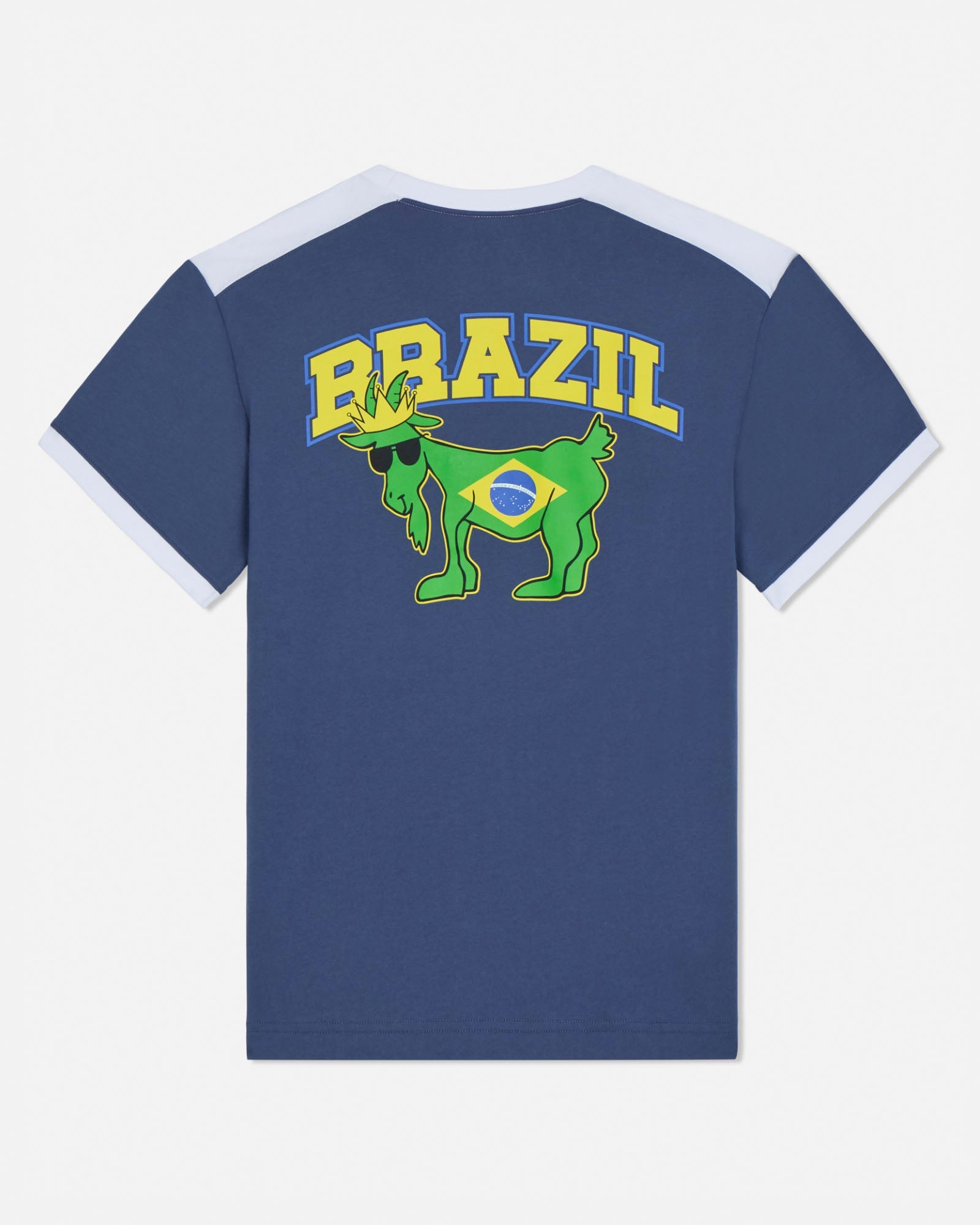 Navy blue t-shirt with 'BRAZIL' and a green goat graphic on the back, on a white background