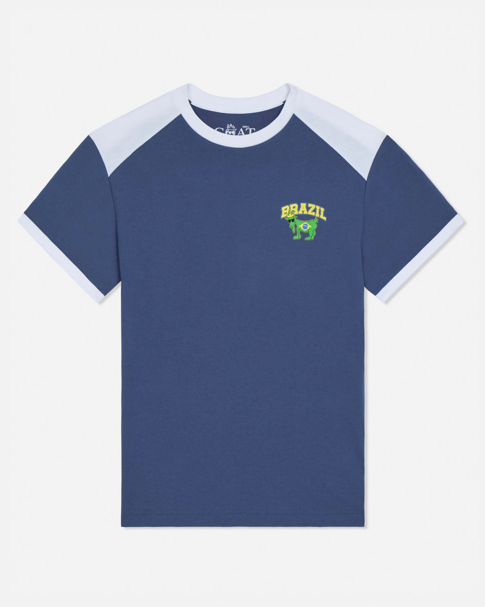 Blue t-shirt with white sleeves and 'Brazil' logo on a white background