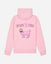 Pink hoodie with graphic design and text on a light gray background