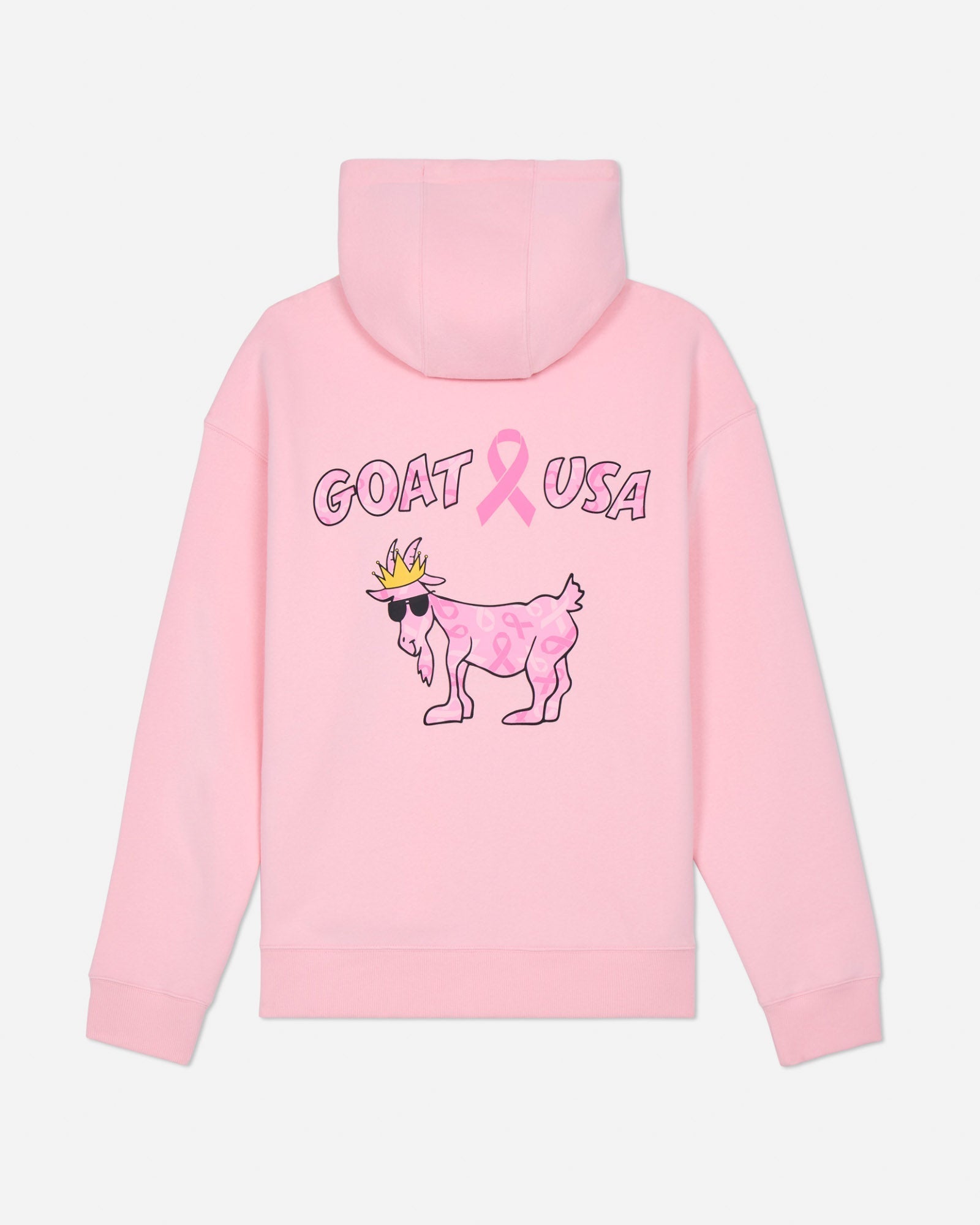 Pink hoodie with graphic design and text on a light gray background