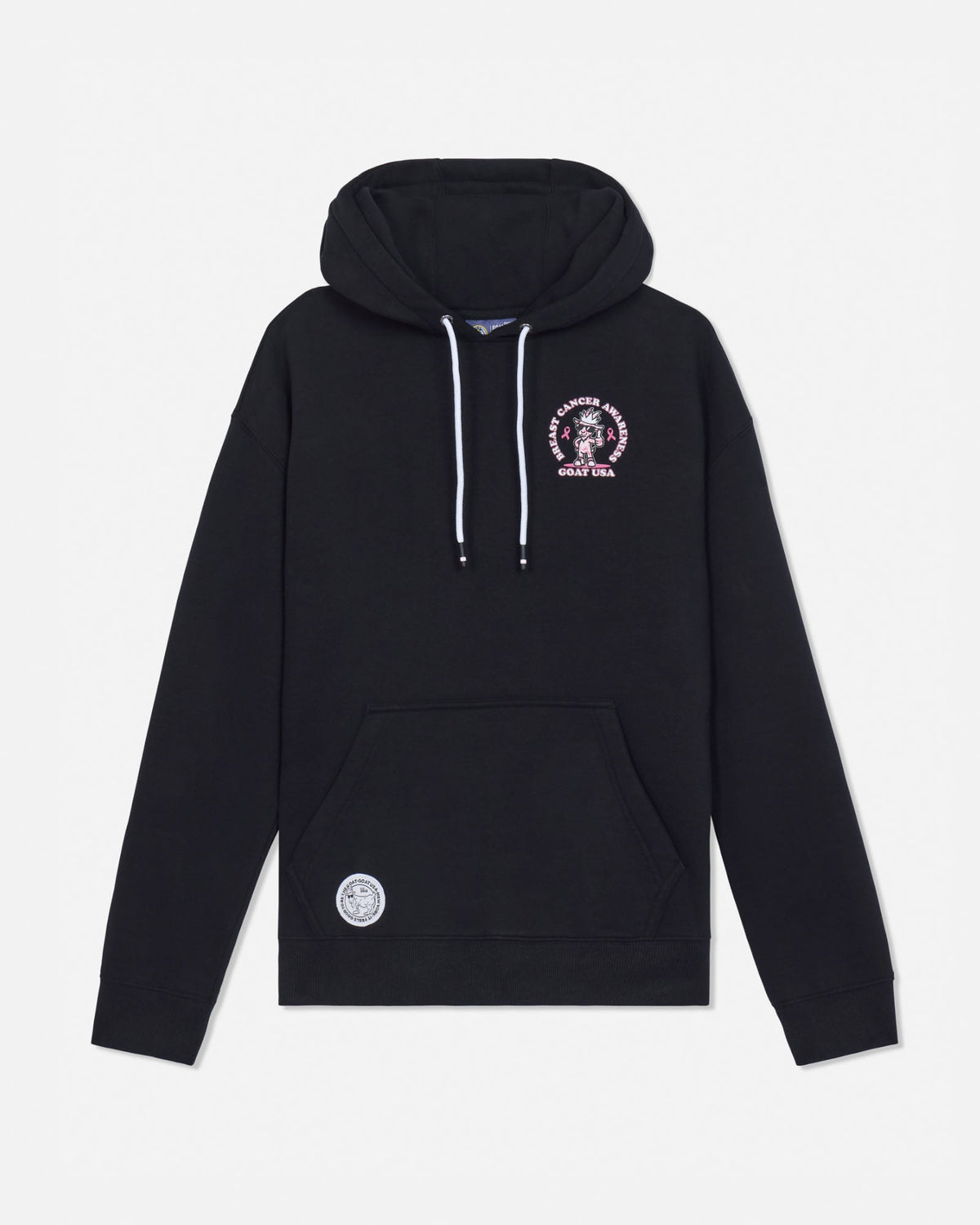 A black pullover hoodie with white drawstrings, featuring a circular pink and white graphic on the left chest and a smaller white circular graphic on the lower right front pocket, displayed against a light gray background.