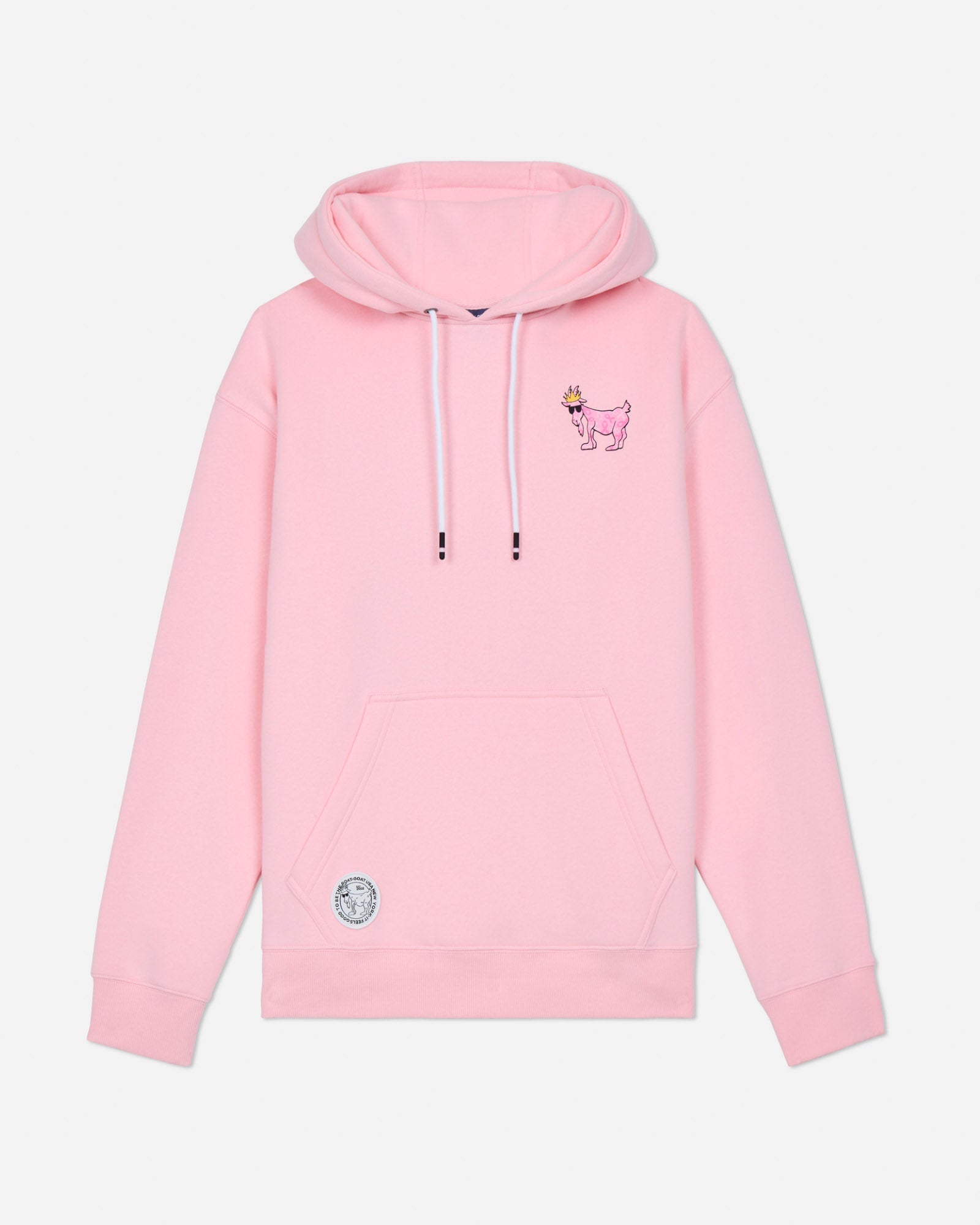 Pink hoodie with a small graphic on the chest against a light gray background