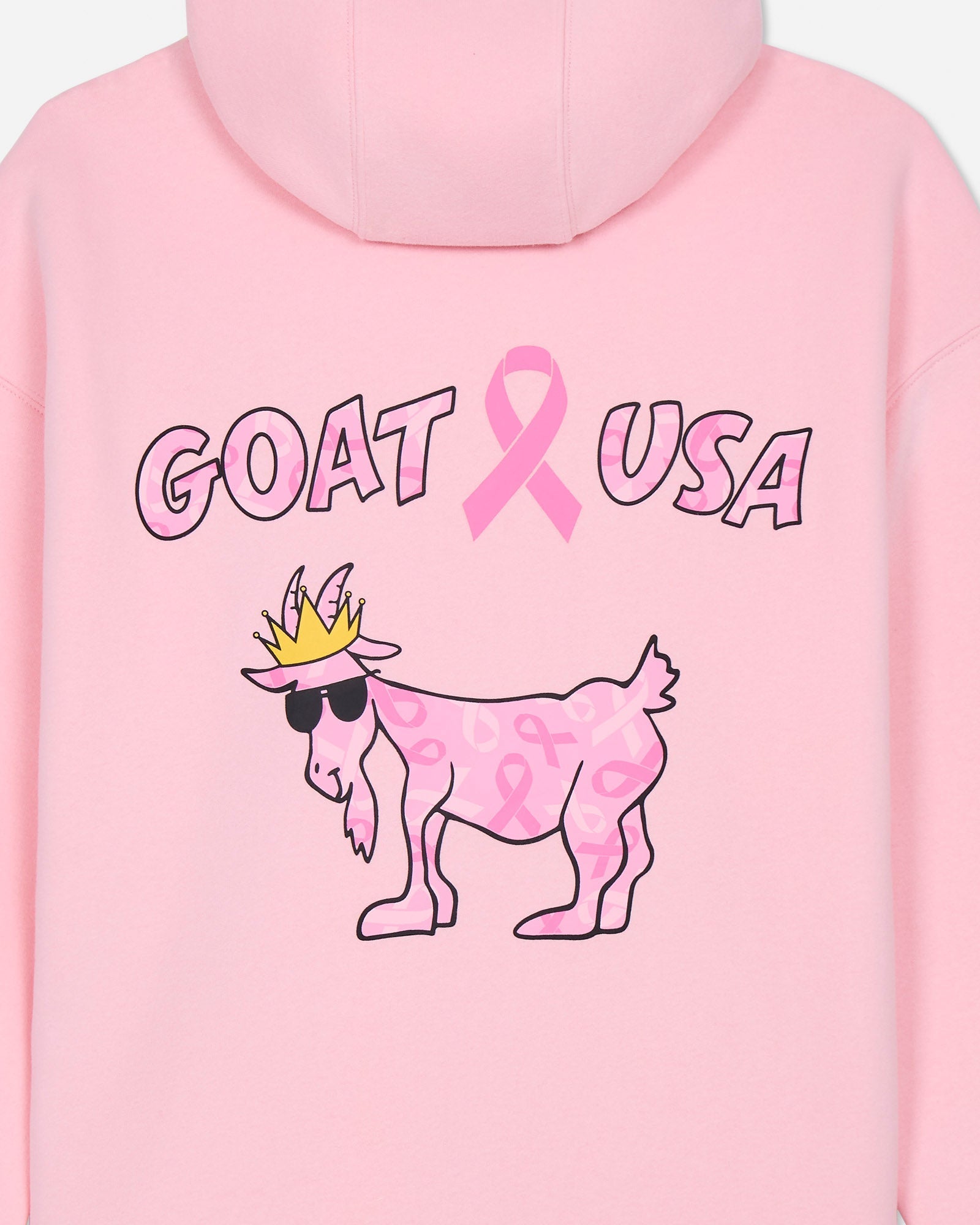 Pink hoodie with 'GOAT USA' text and pink ribbon design on pink fabric