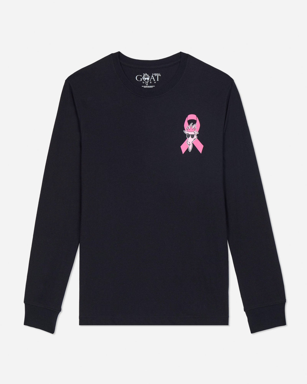 Black long-sleeve shirt with a pink ribbon design on a light gray background