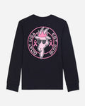 Black long sleeve with pink graphic design on a light gray background