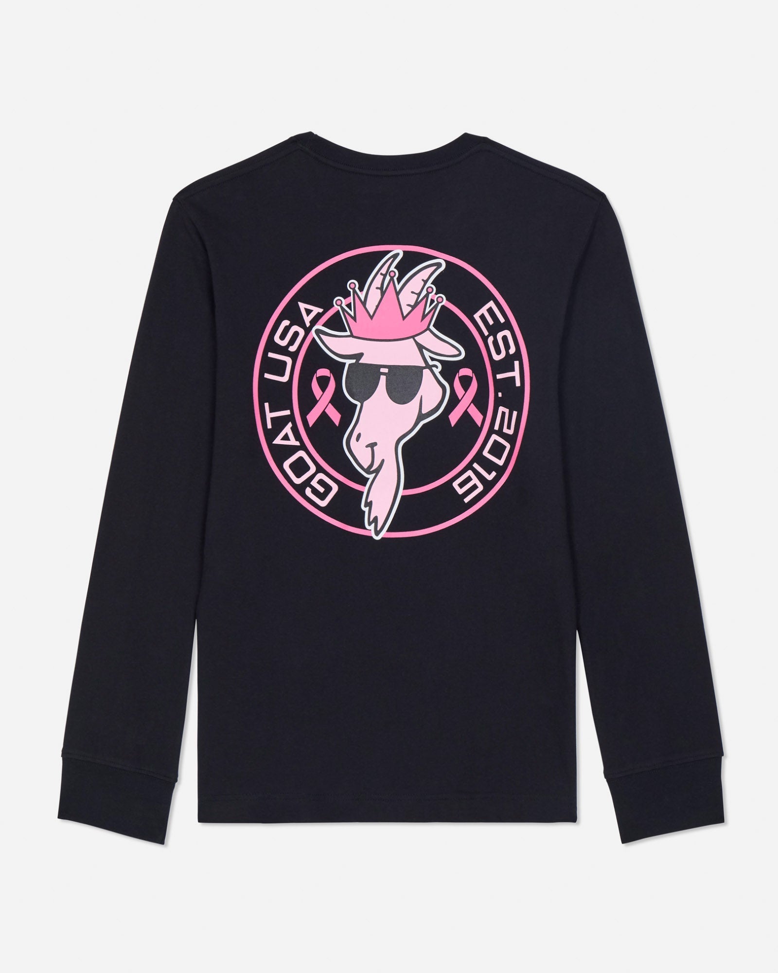 Black long sleeve with pink graphic design on a light gray background