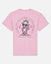 A light pink short-sleeve t-shirt shown from the back, featuring a large graphic print of a cartoon goat wearing sunglasses and a hat, surrounded by the text 'BREAST CANCER AWARENESS' and 'GOAT USA' with pink ribbons.