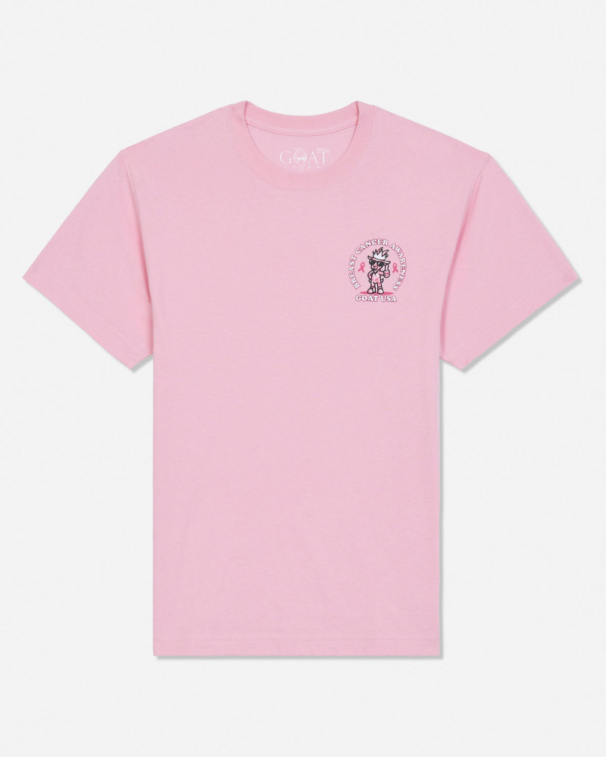 A light pink short-sleeve crewneck t-shirt with a small circular graphic on the left chest, displayed flat against a clean white background.