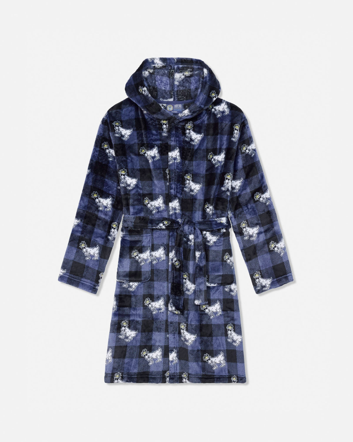 A hooded bathrobe with a blue and black plaid pattern and white goat prints, shown flat against a light gray background.