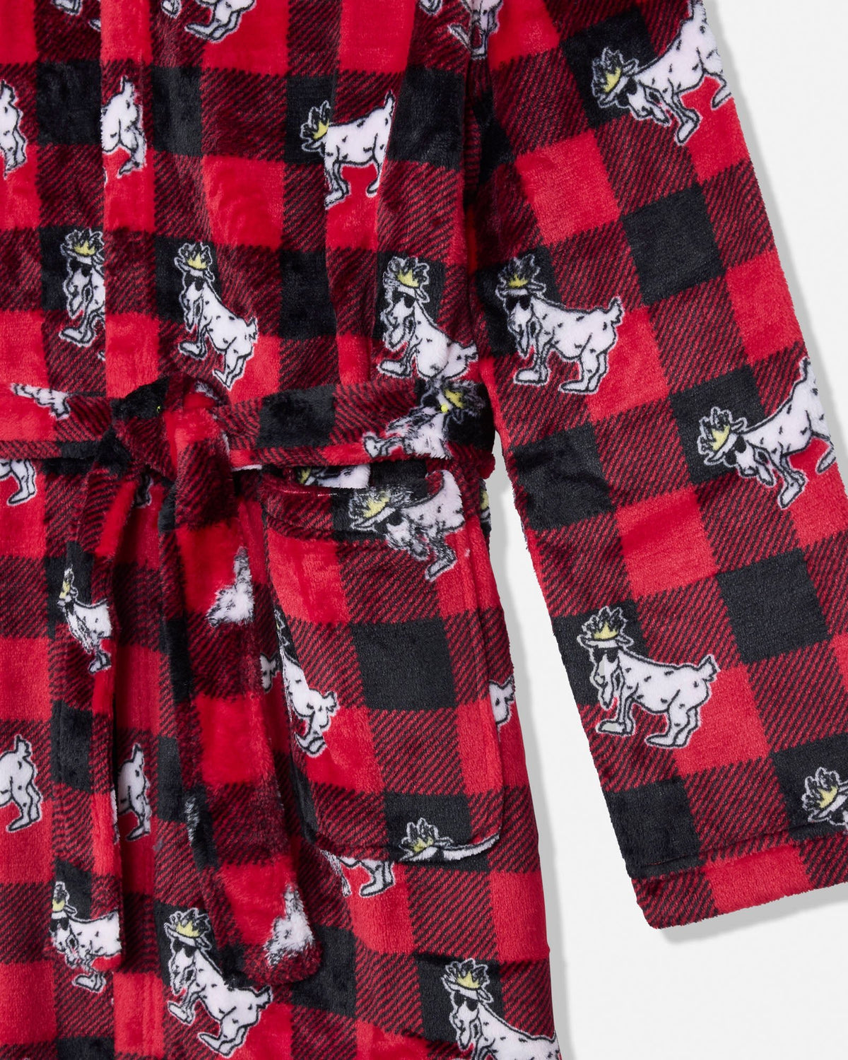 A close-up of a red and black buffalo plaid robe with a tie waist and a repeating pattern of white goats wearing small gold crowns, shown against a plain white background.