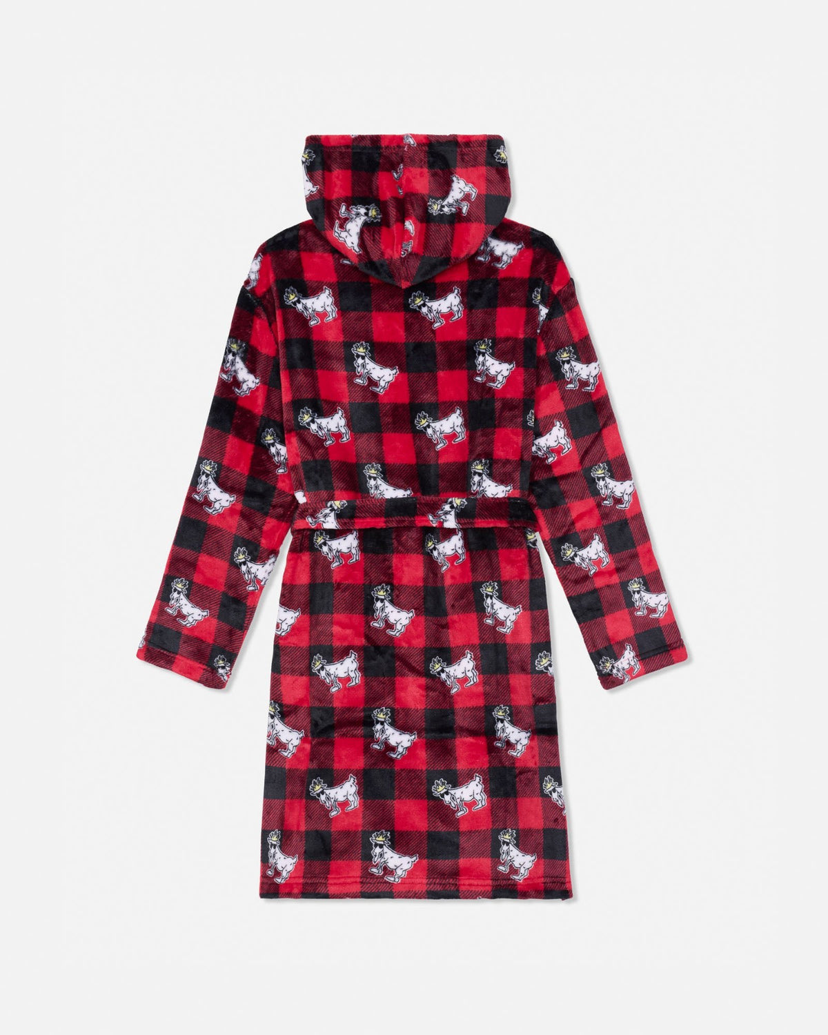 A hooded bathrobe with a red and black buffalo plaid pattern and an all-over print of white and black goat illustrations, shown flat on a light gray background.