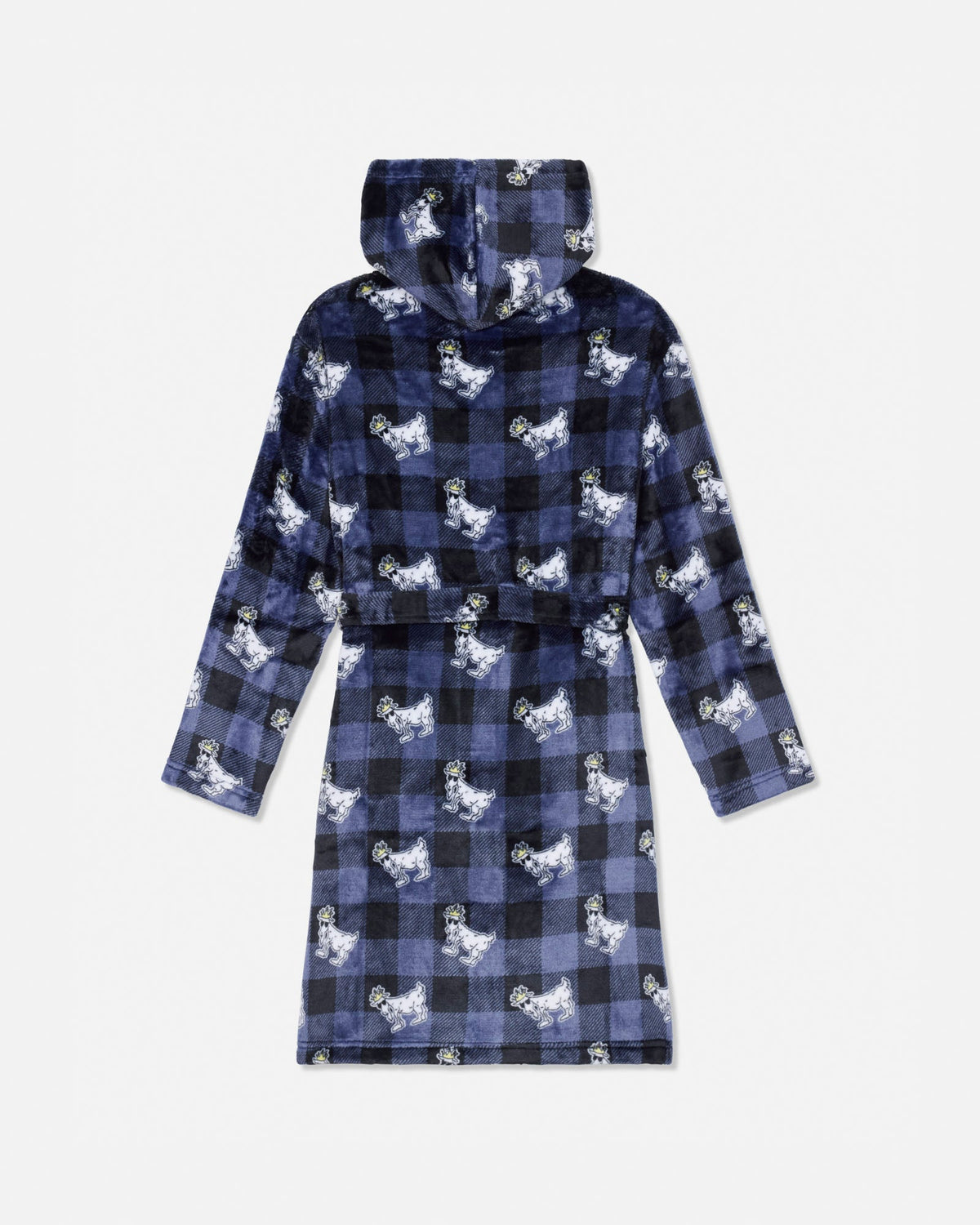 A hooded long-sleeve robe with a blue and black buffalo plaid pattern and an all-over print of small white and black goat illustrations, shown flat against a light gray background.