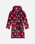 A red and black buffalo plaid hooded robe with a tie waist, featuring a repeating pattern of white and black goat portraits, displayed on a light gray background.
