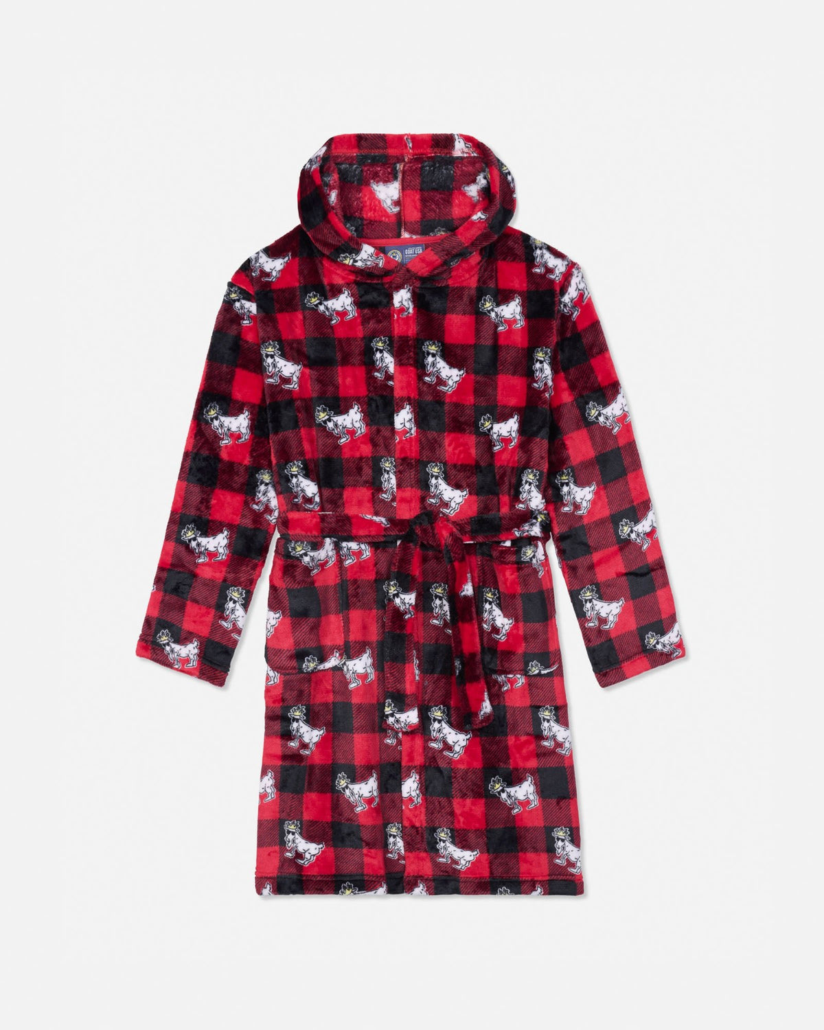 A red and black buffalo plaid hooded robe with a tie waist, featuring a repeating pattern of white and black goat portraits, displayed on a light gray background.