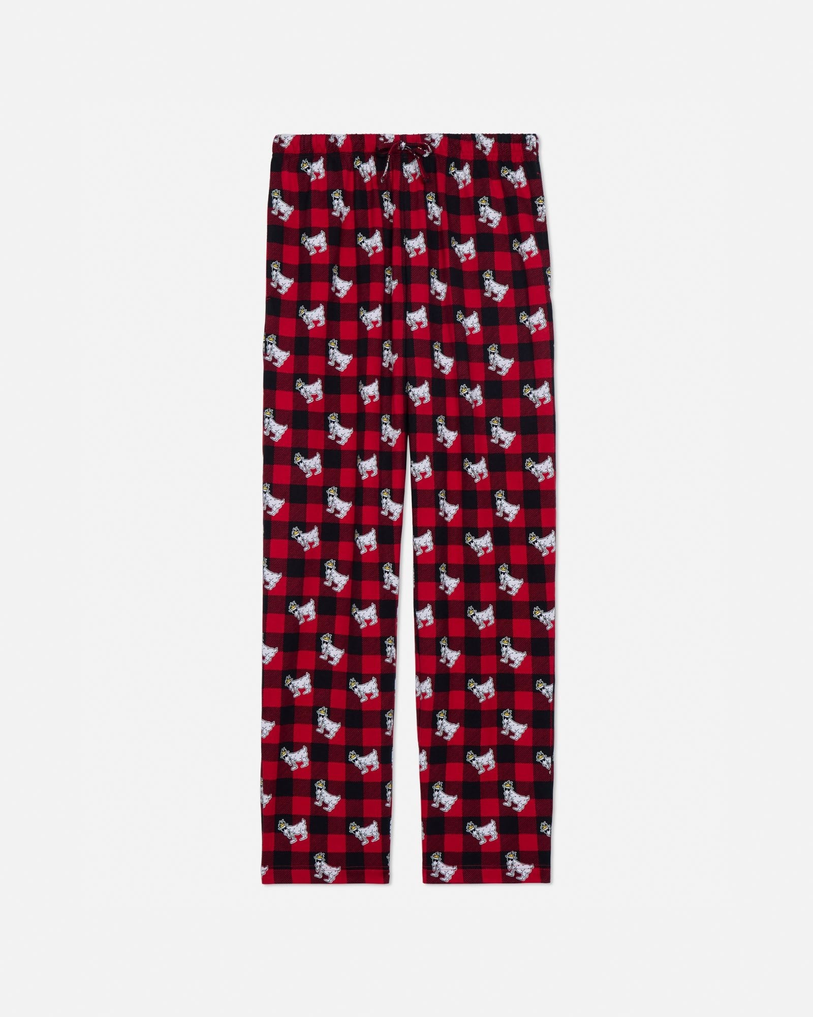 Red and black plaid pajama pants with goat pattern on a light gray background#color_red