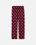 Red and black plaid pajama pants with goat pattern on a light gray background
