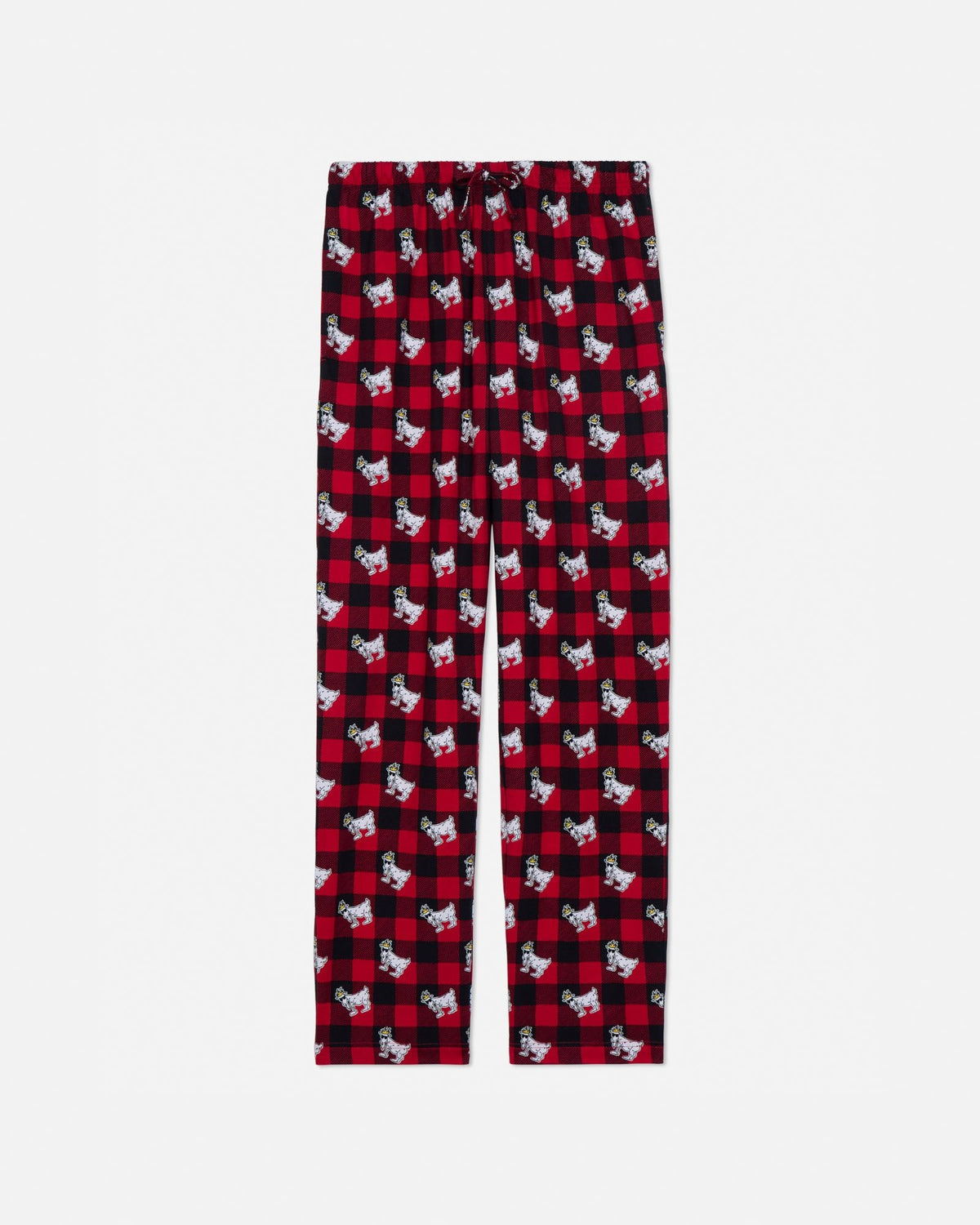 Red and black plaid pajama pants with goat pattern on a light gray background#color_red