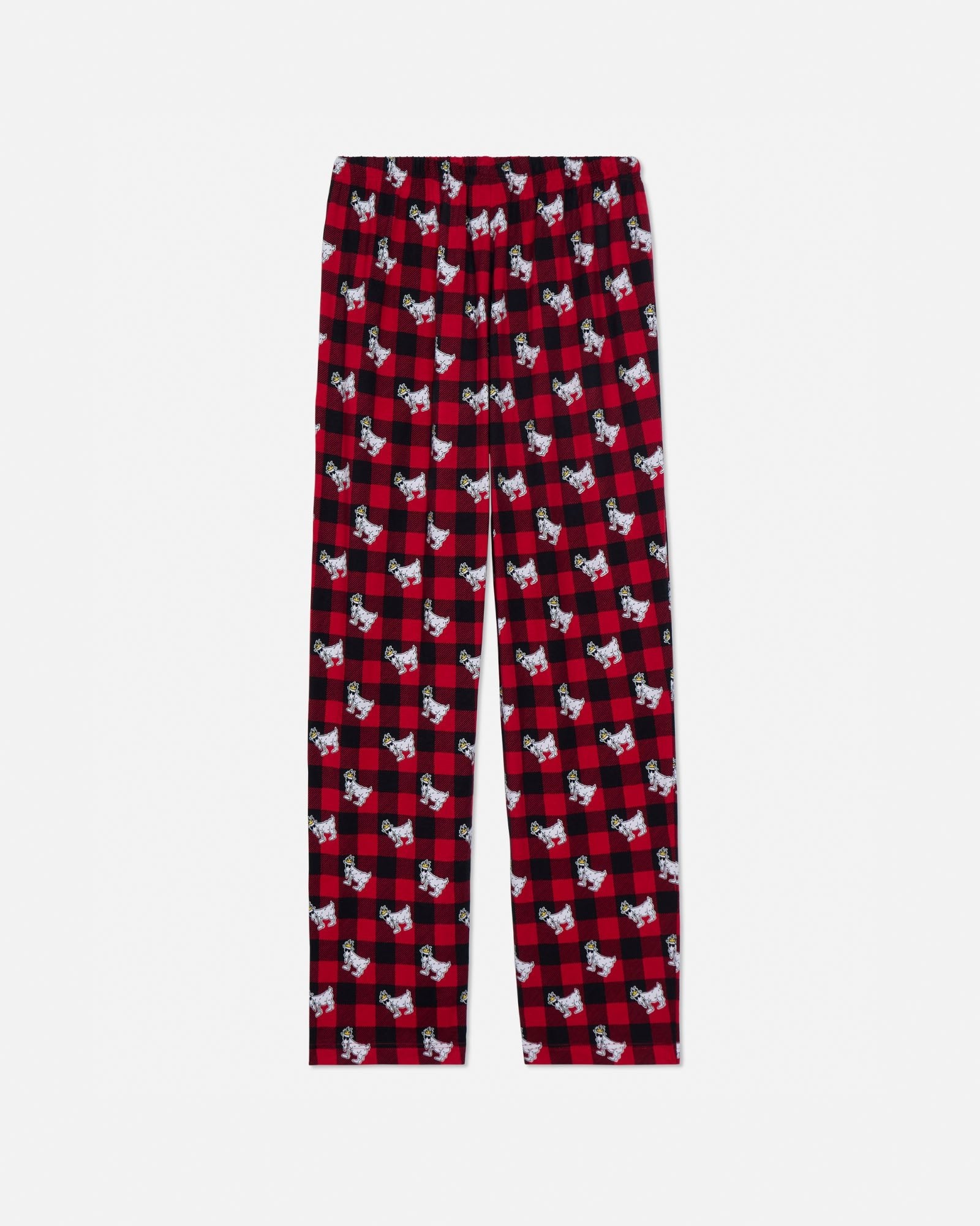 Red and black checkered pants with goat pattern on a light gray background#color_red