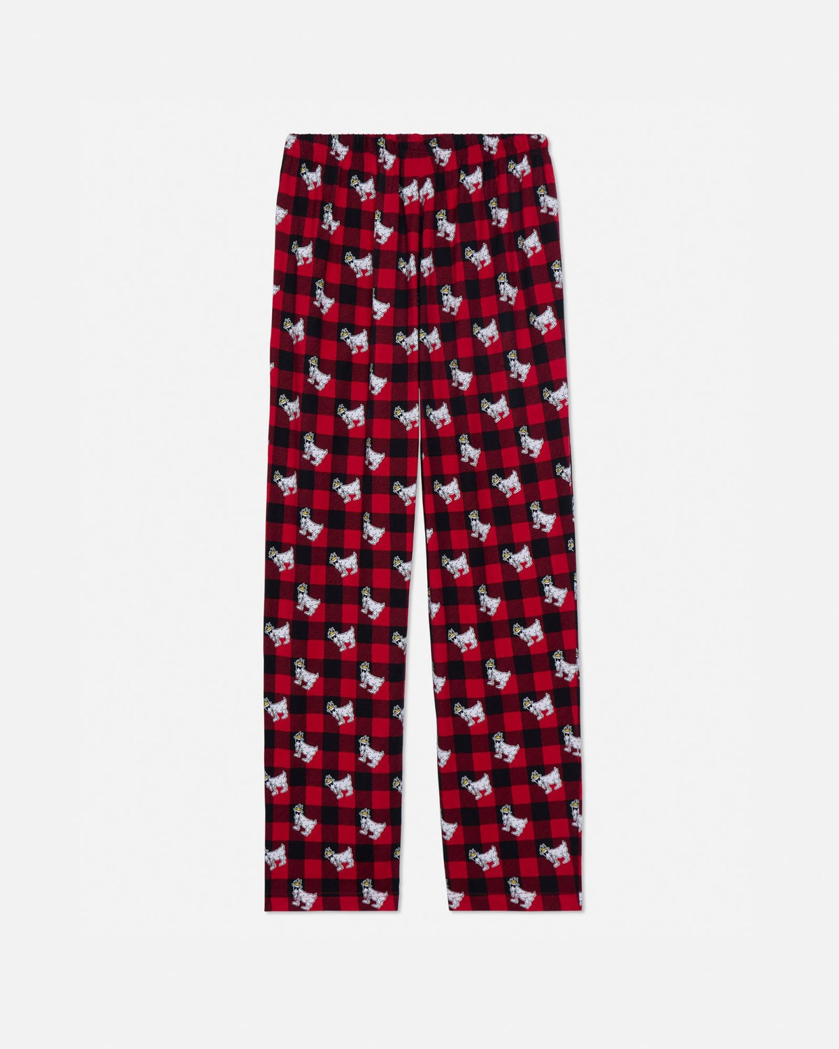 Red and black checkered pants with goat pattern on a light gray background