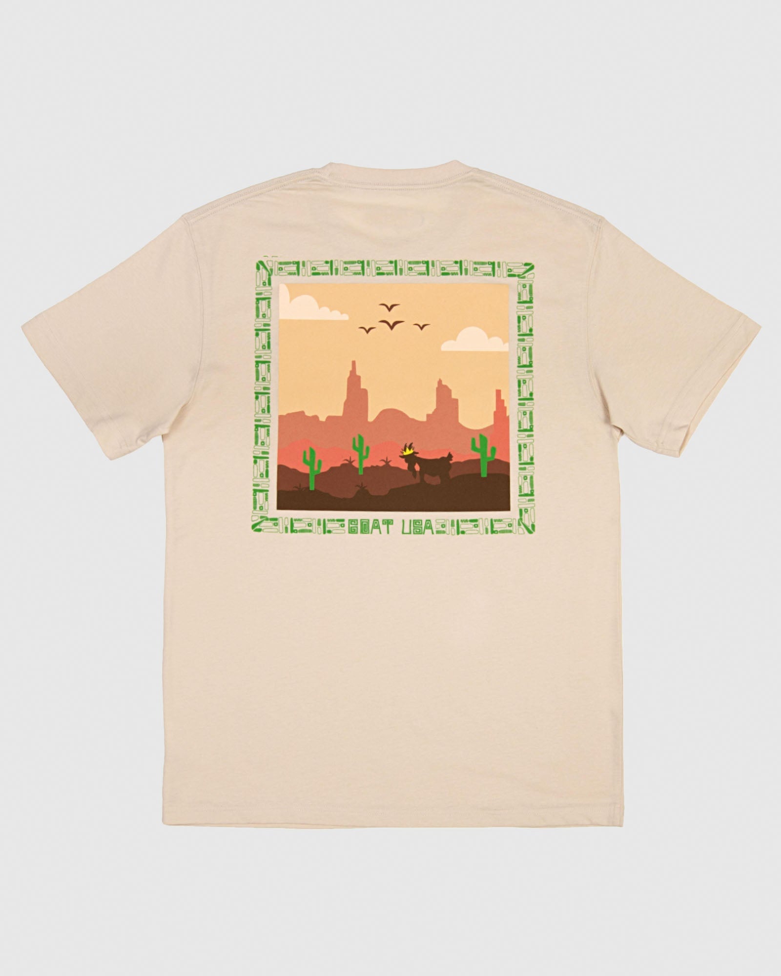 Sandshell-colored t-shirt with goat in a desert setting