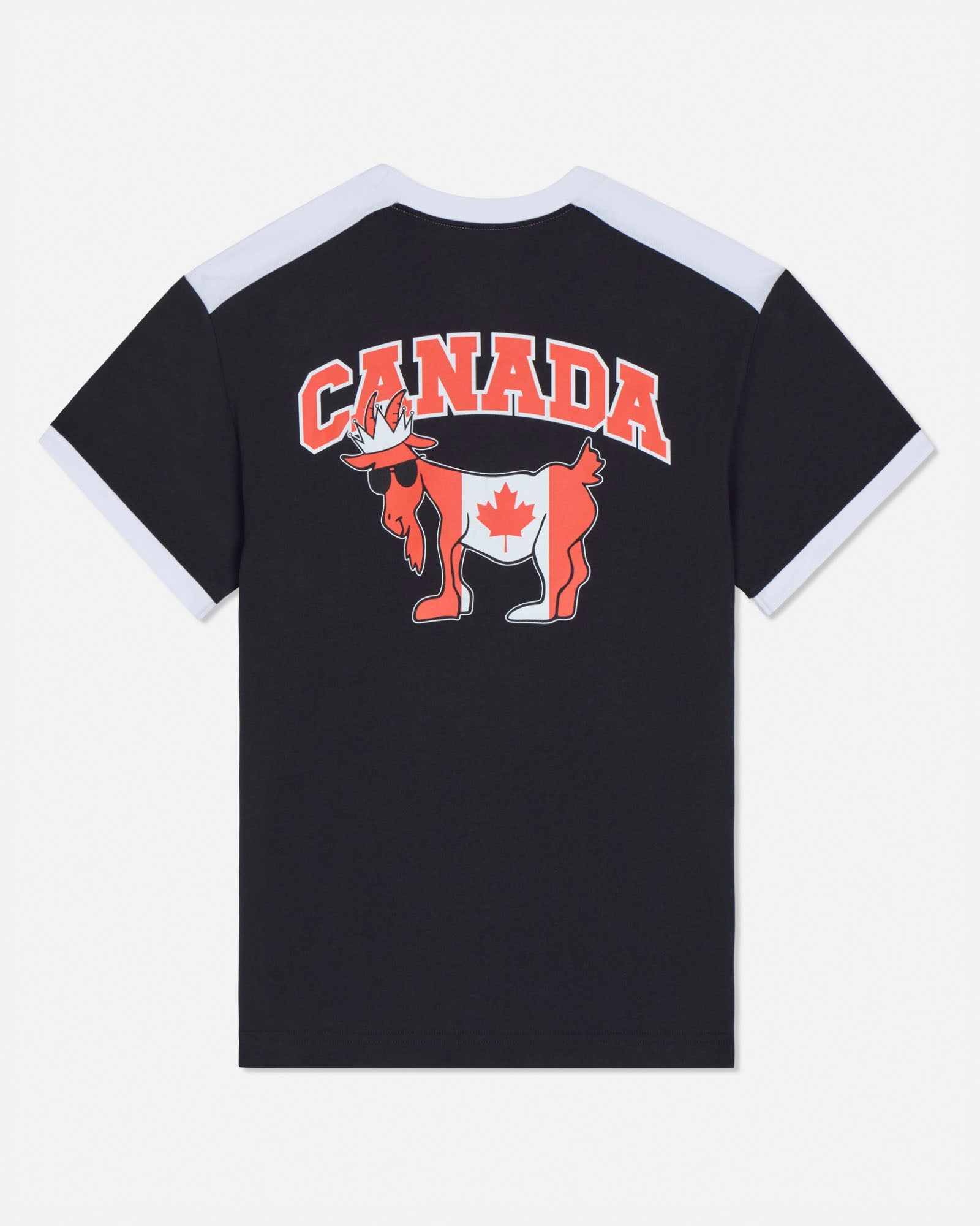 Black t-shirt with a graphic of a goat wearing a Canadian flag and 'Canada' text on the back.