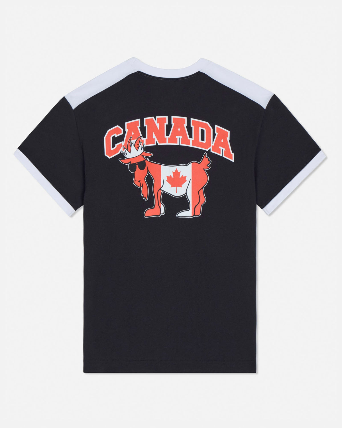 Black t-shirt with a graphic of a goat wearing a Canadian flag and 'Canada' text on the back.