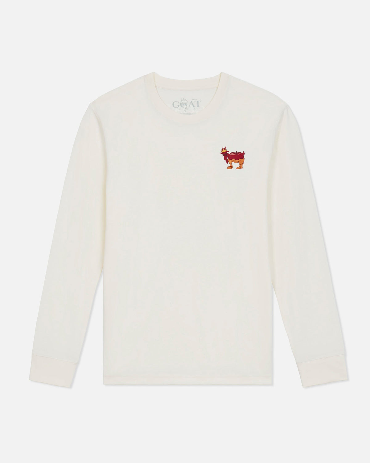 An off-white long-sleeve crewneck sweatshirt featuring a small embroidered red and orange goat graphic on the left chest, displayed on a clean white background.