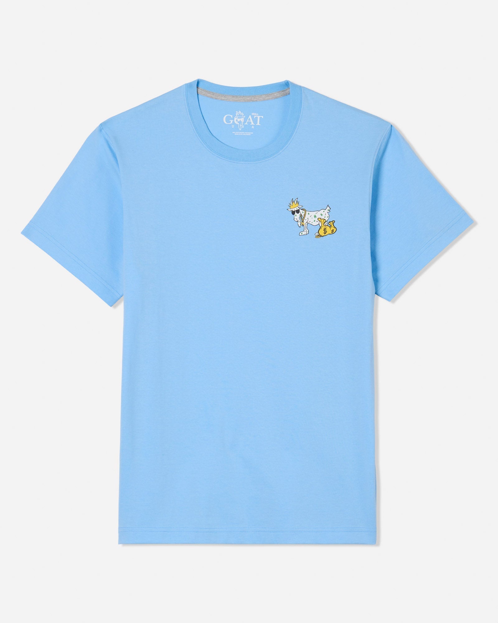 Front of carolina blue t-shirt with cash money GOAT left-chest logo
