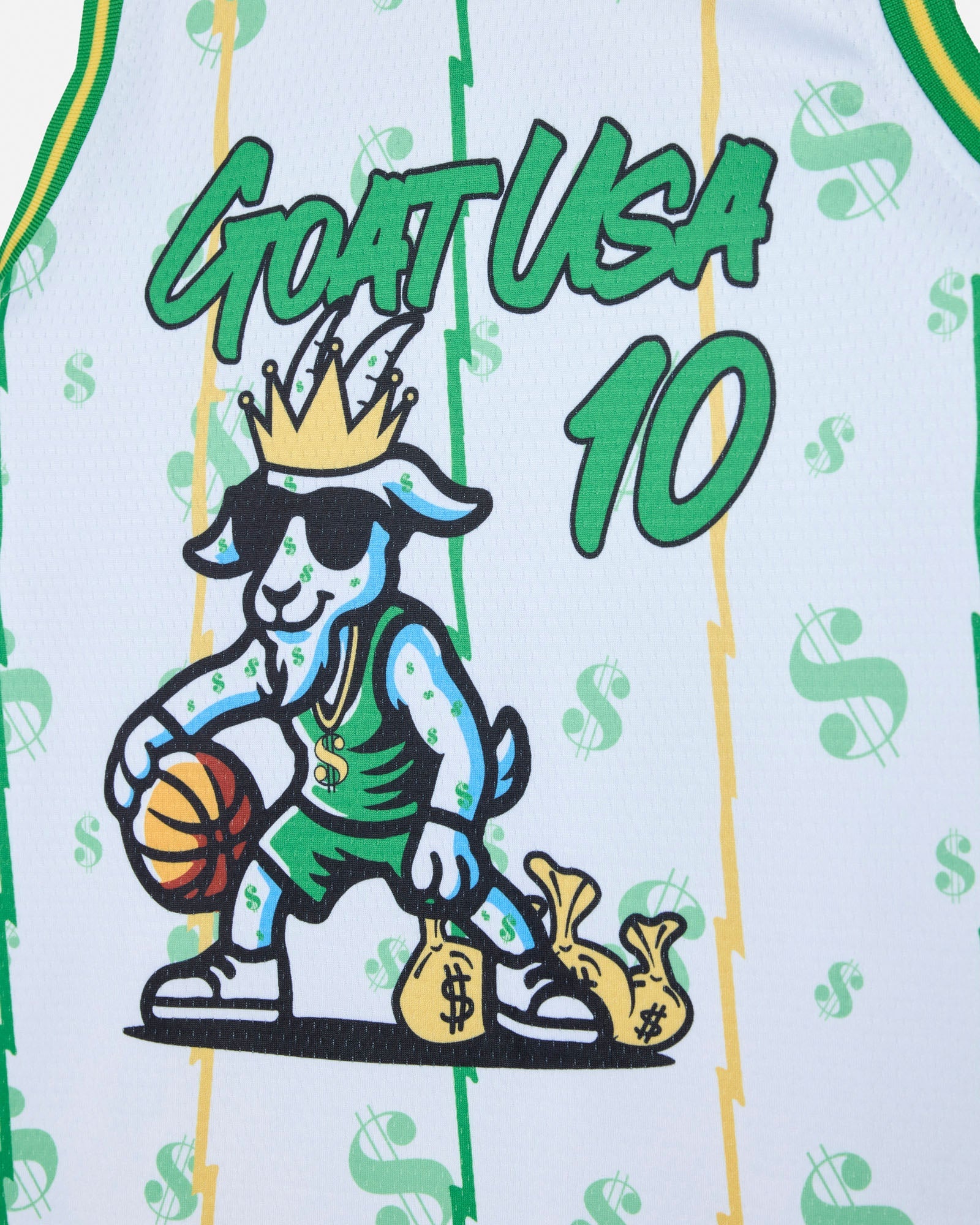 Basketball jersey with cartoon goat wearing a crown and sunglasses, holding a basketball, on a white jersey with dollar sign patterns.