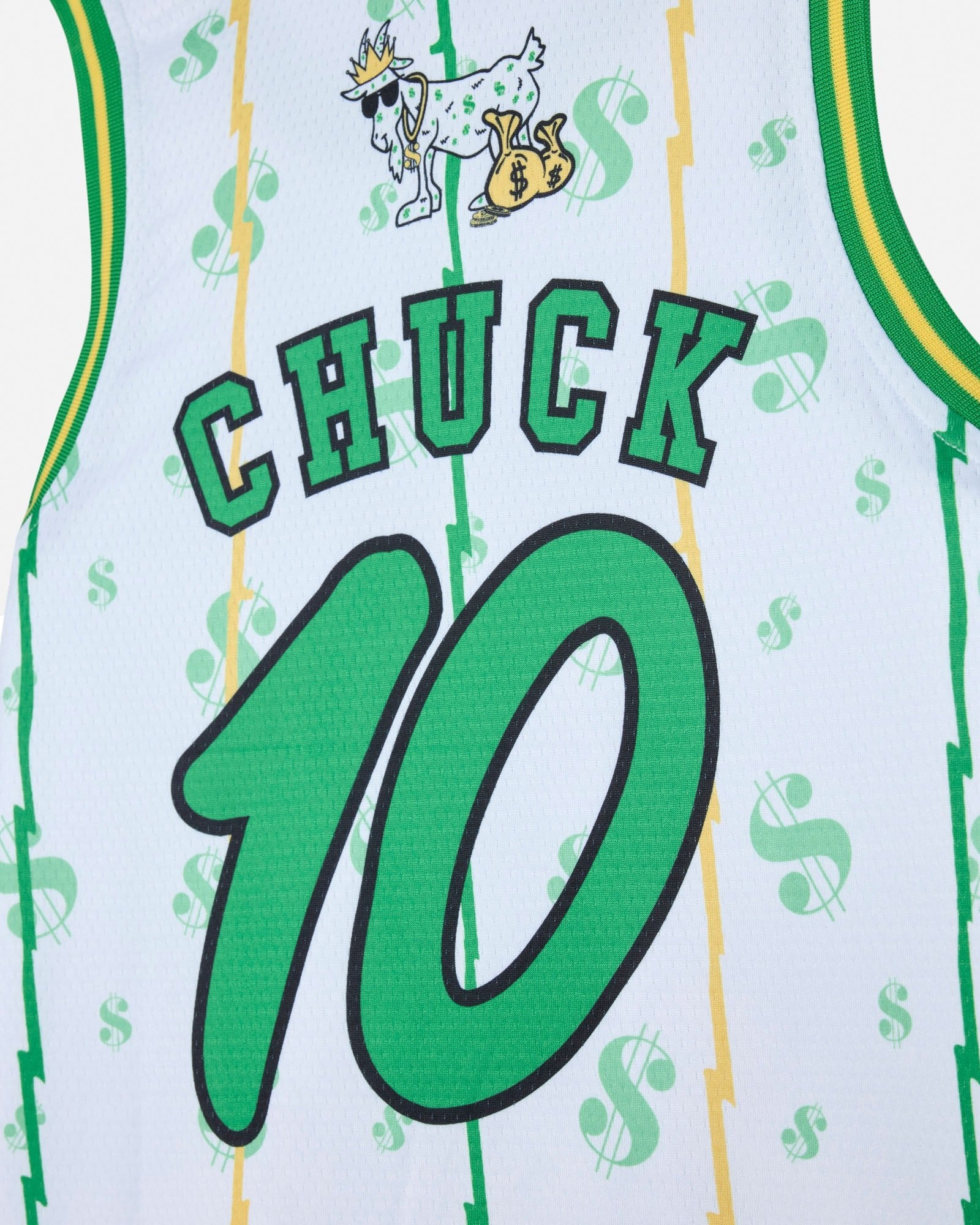 Basketball jersey with 'Chuck' and number '10' on a white jersey with dollar sign patterns.